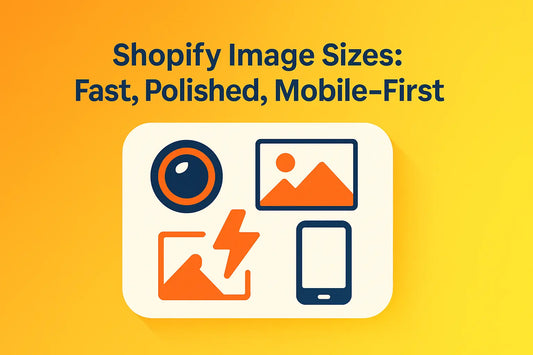 Abstract orange–yellow hero with camera, image, lightning, and mobile icons representing Shopify image sizing, speed, and mobile-first.